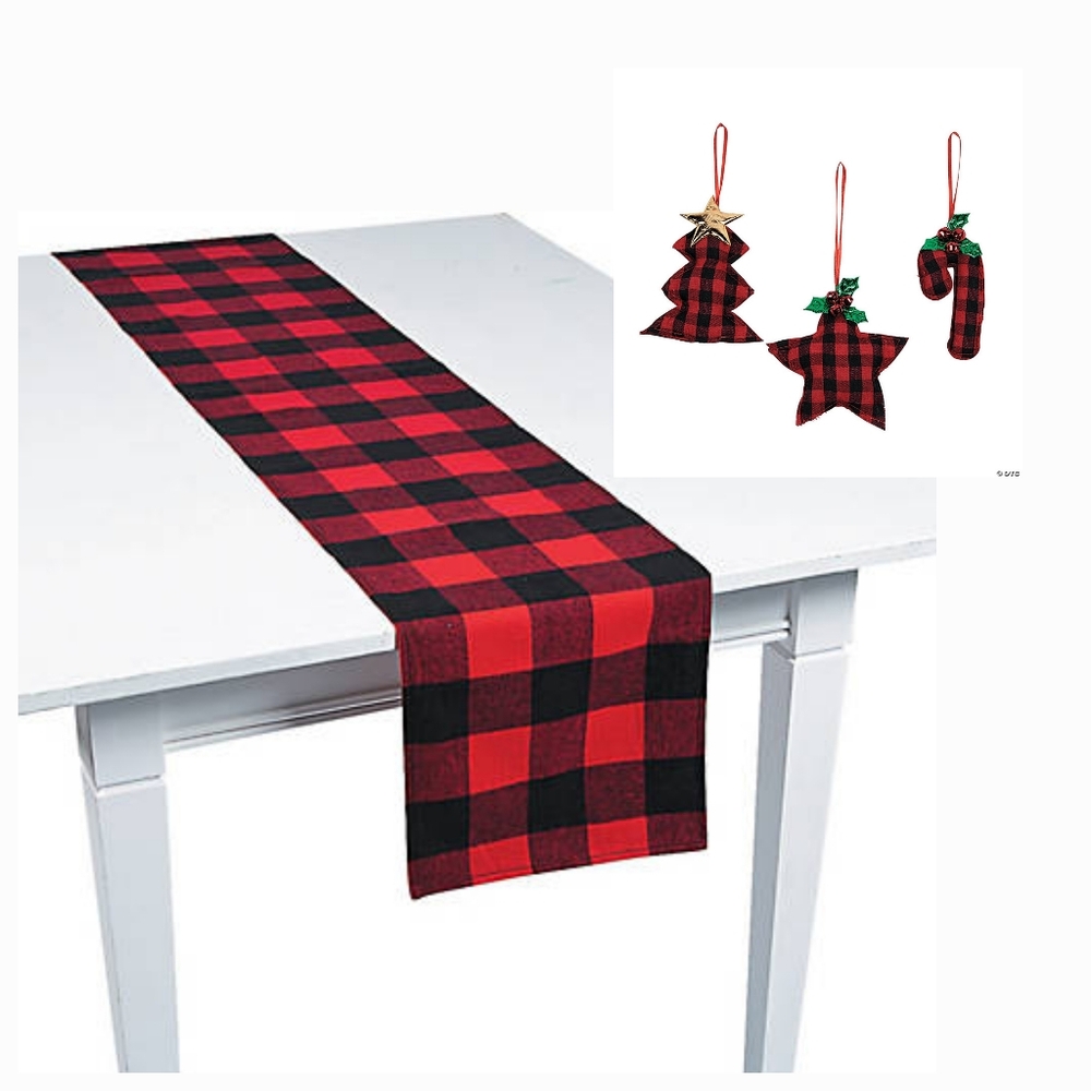 Buffalo plaid 2 table runners and 10 ornaments